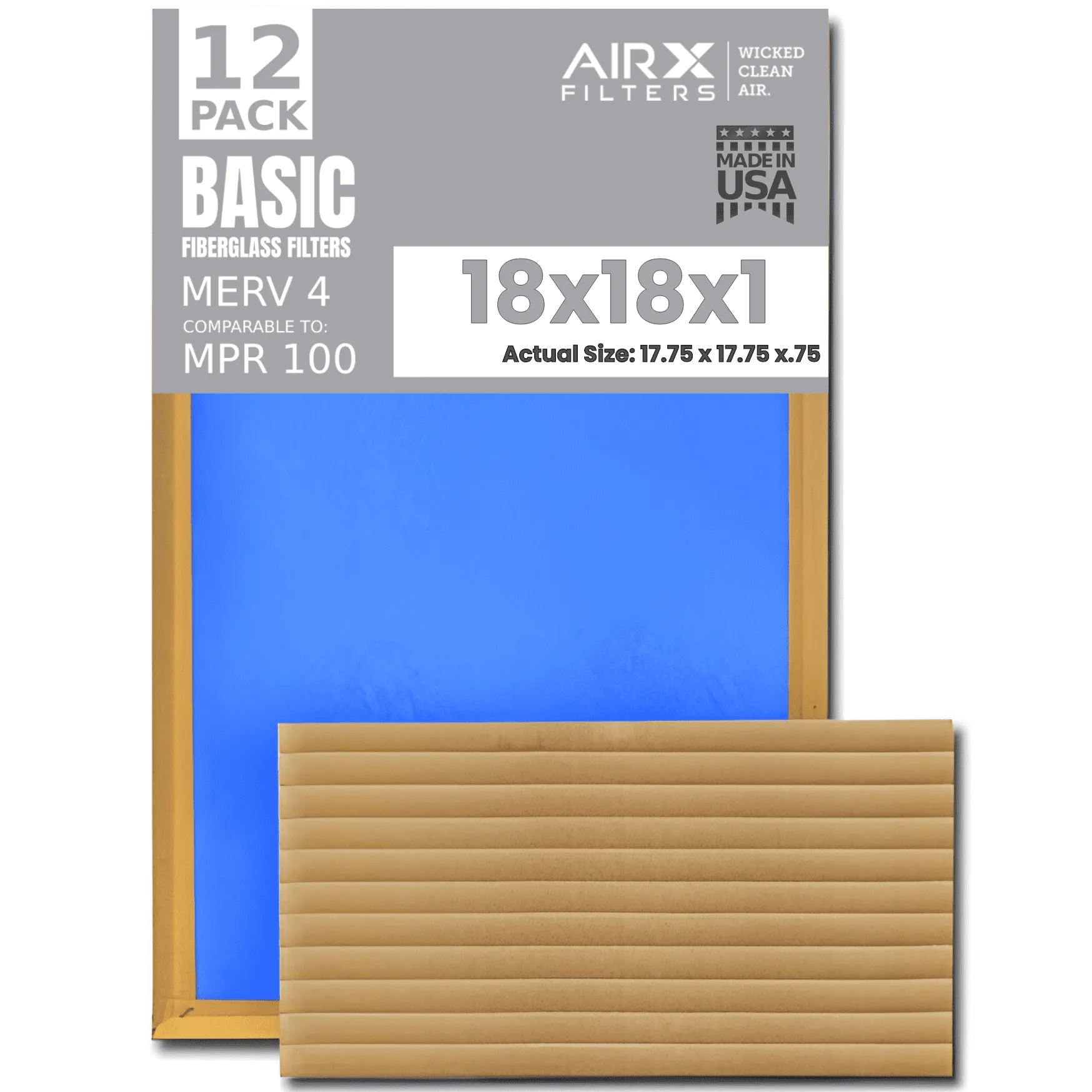 18x18x1 Air Filter Comparable to MPR 100 Basic Economy Furnace Filters, 12 Pack of Non Pleated Fiberglass Filter For Dust - Low Airflow Restriction! From AIRX FILTERS WICKED CLEAN AIR.