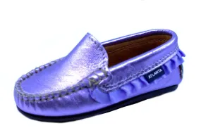 Atlanta Mocassin Girl's Metallic Violet Loafer with Ruffled Trim