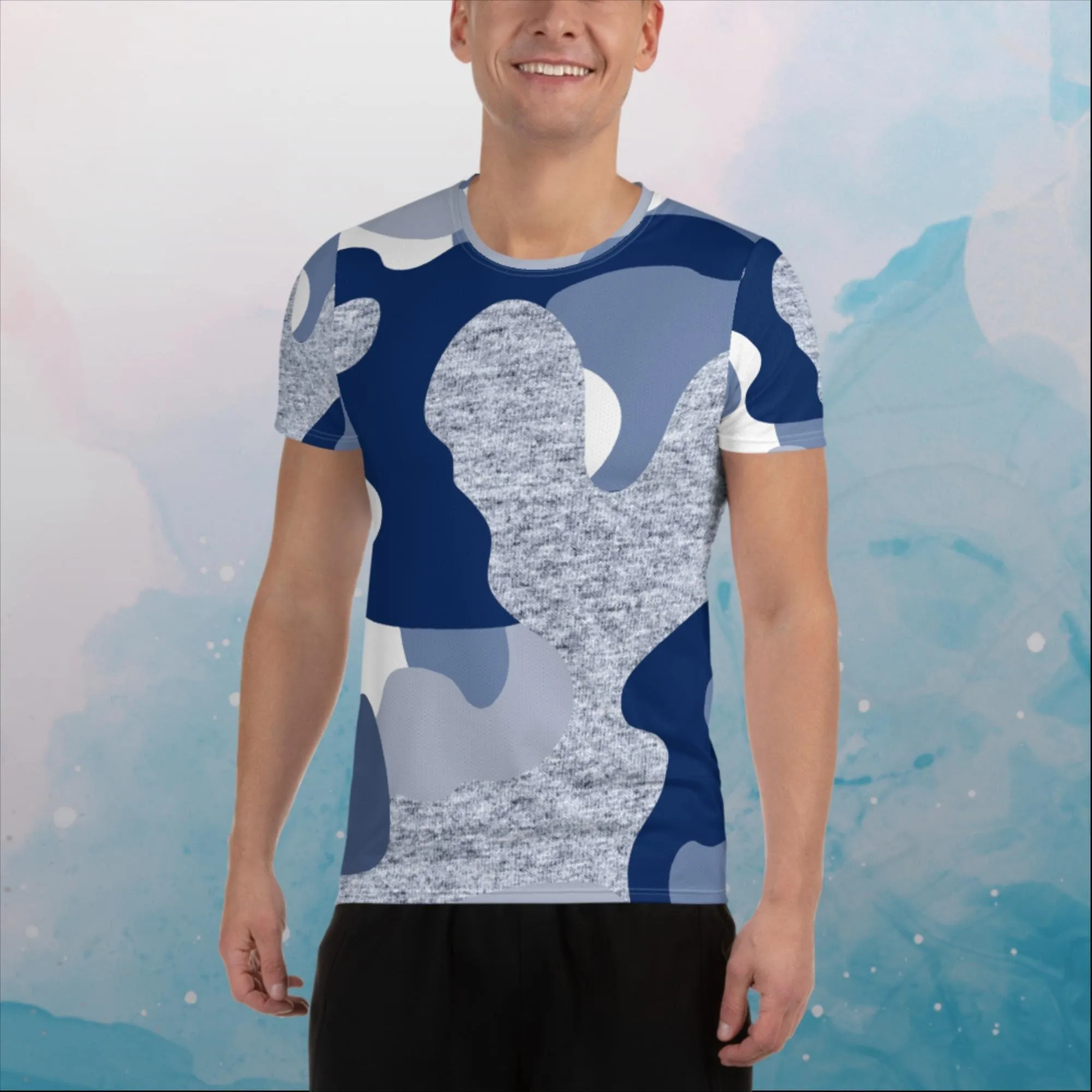 Giant Blue Camo Print Mens Athletic Tee Shirt