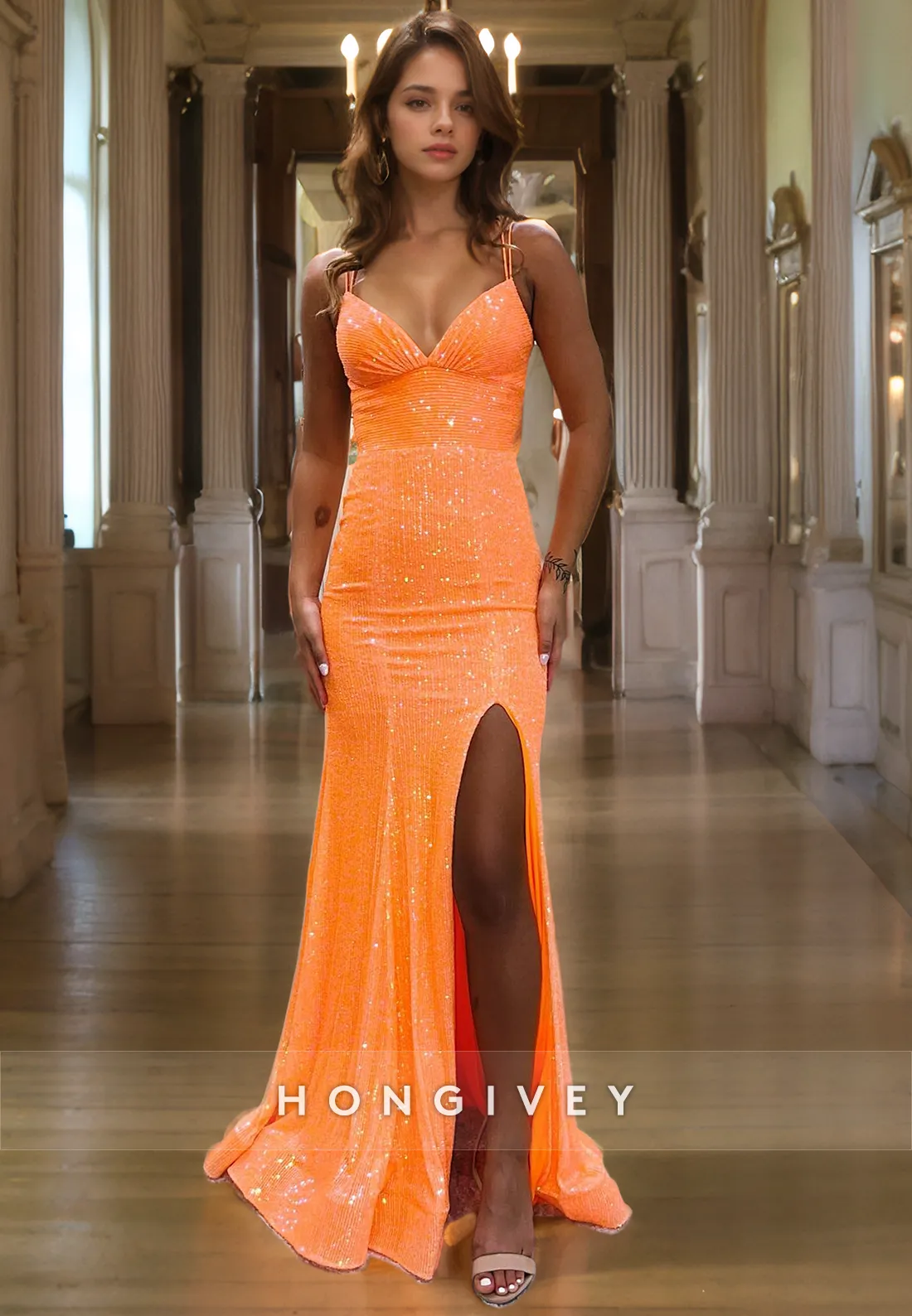 Glitter Trumpet V-Neck Spaghetti Straps With Side Slit Long Prom Dress