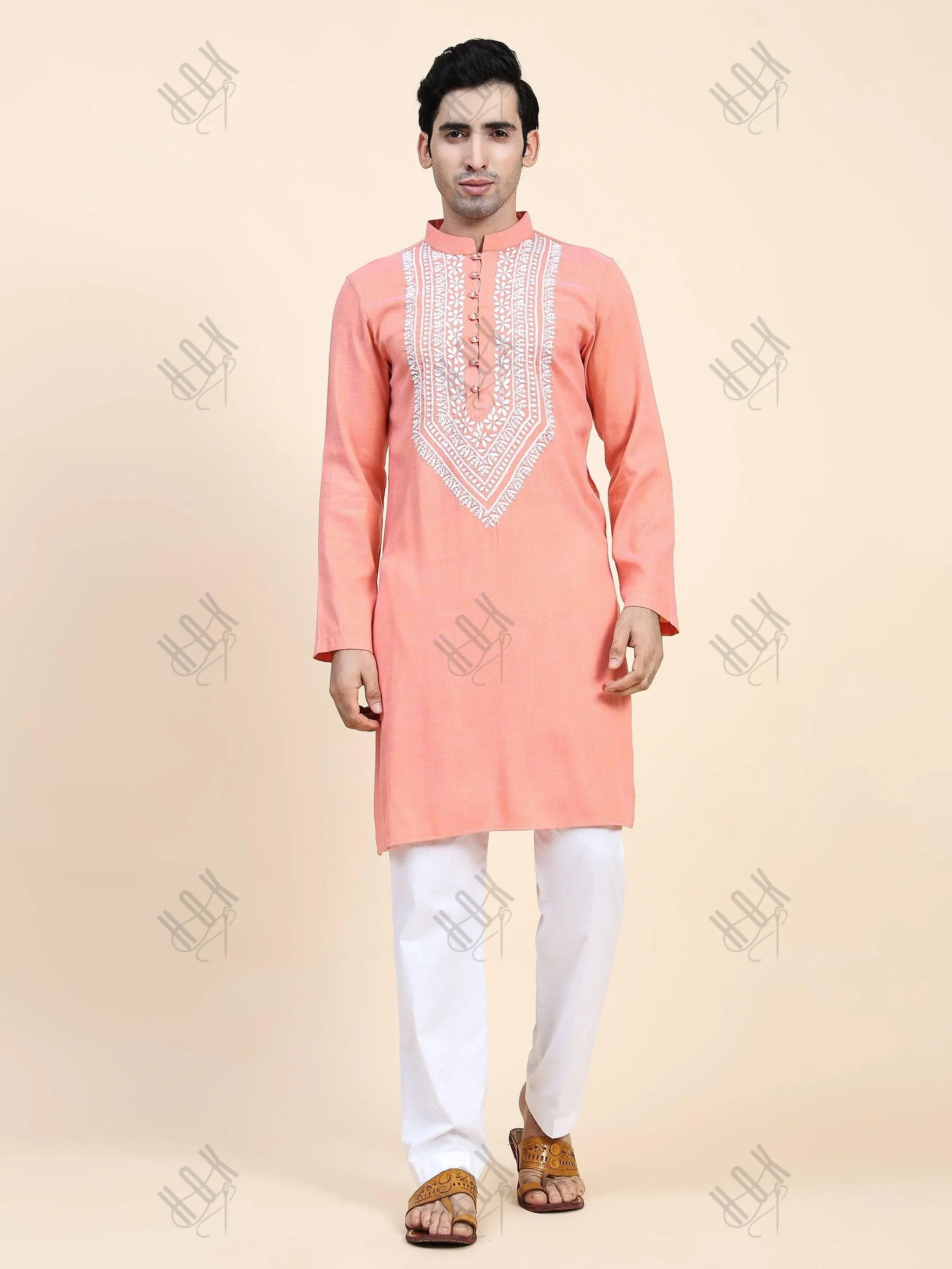 HOK Men's Chikankari Kurta in Cotton Silk Blend - Peach