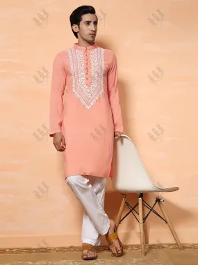 HOK Men's Chikankari Kurta in Cotton Silk Blend - Peach