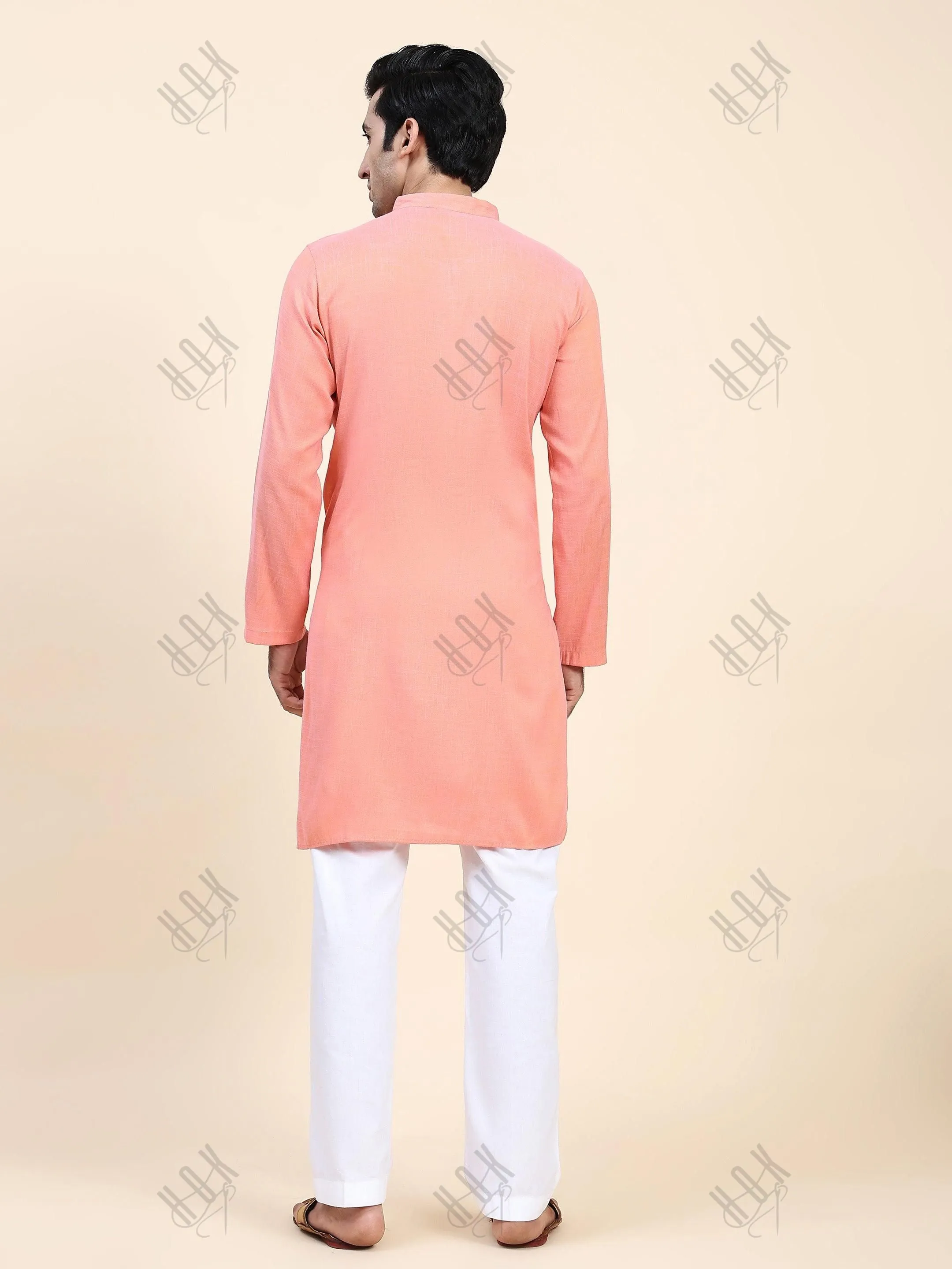 HOK Men's Chikankari Kurta in Cotton Silk Blend - Peach