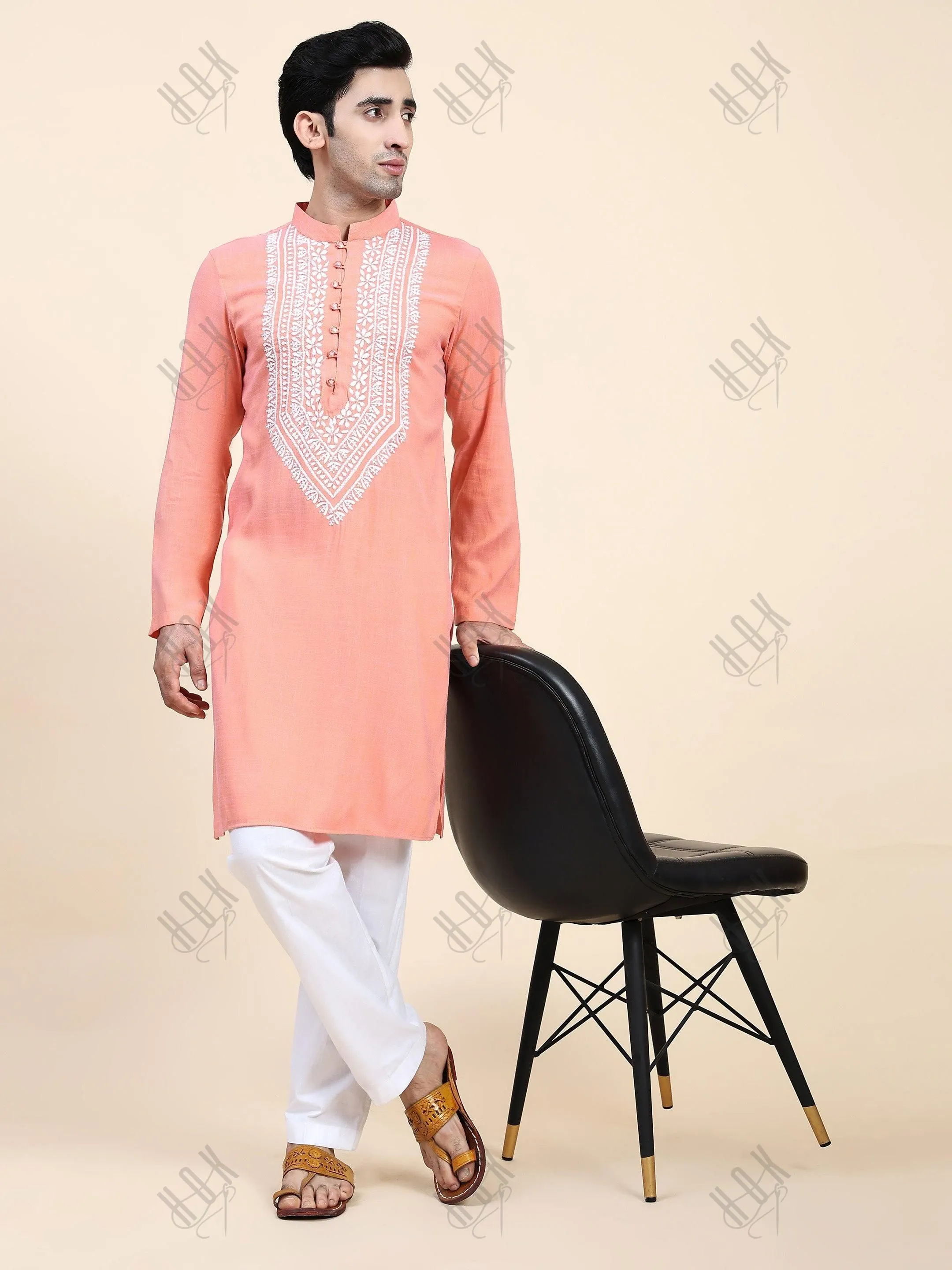 HOK Men's Chikankari Kurta in Cotton Silk Blend - Peach