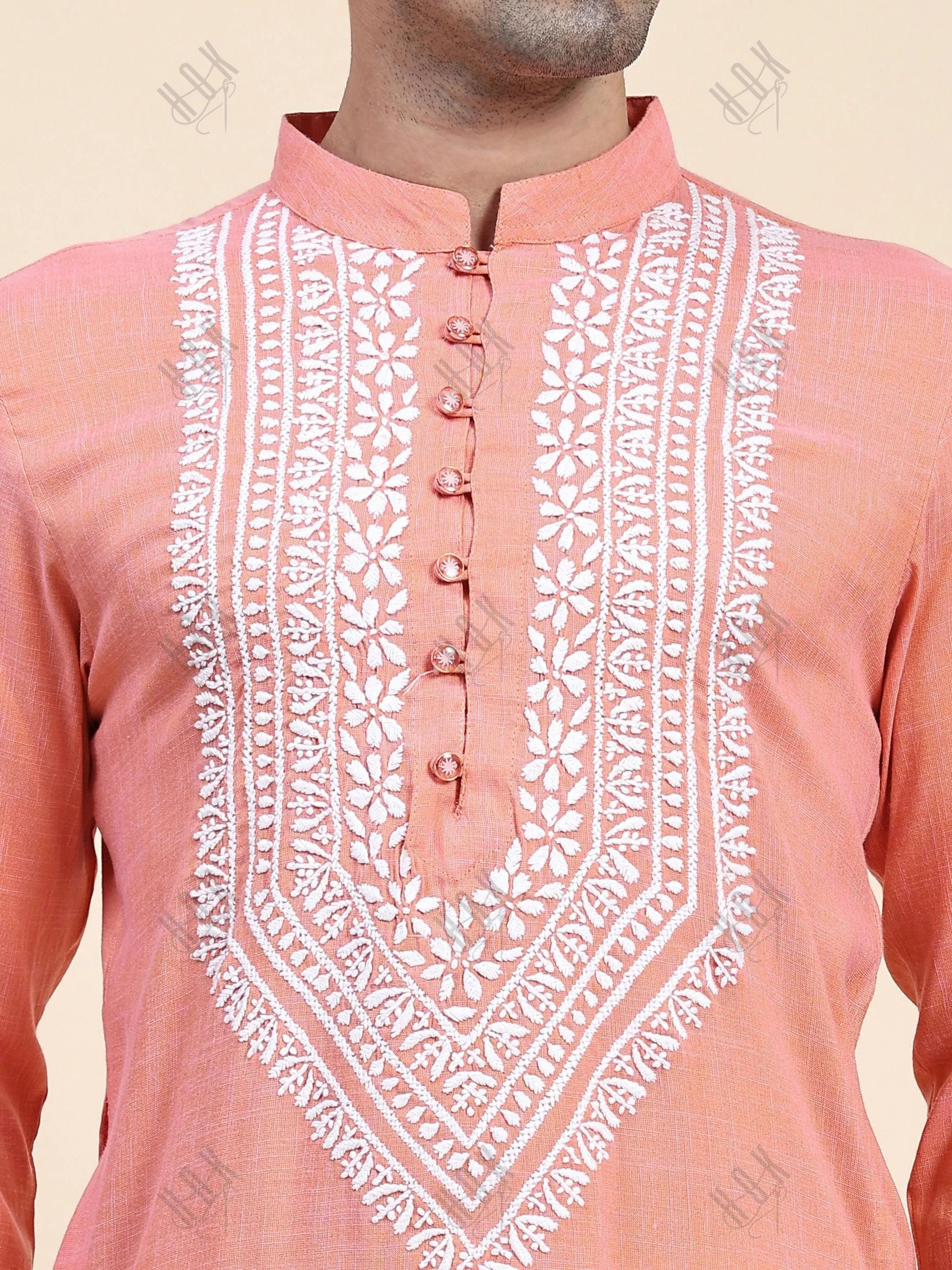 HOK Men's Chikankari Kurta in Cotton Silk Blend - Peach