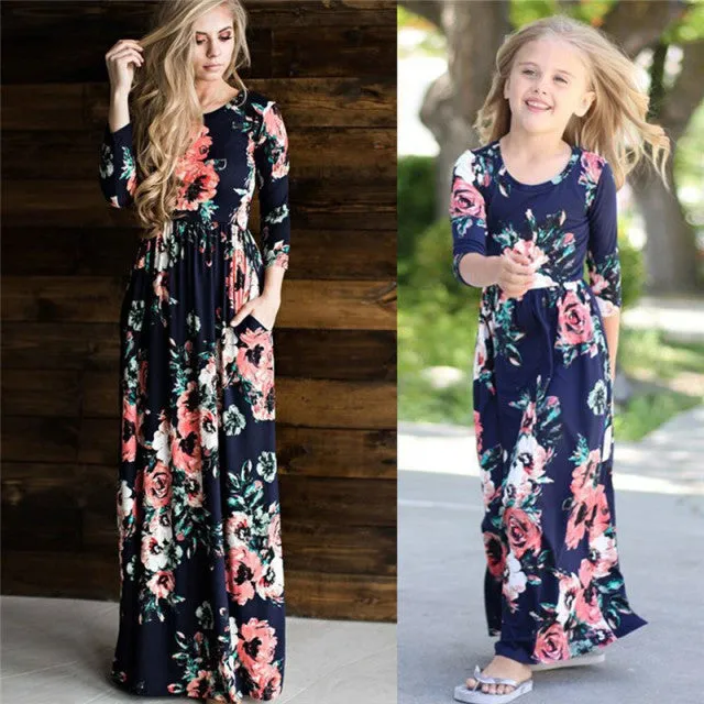 Matching Family Outfit - Mummy and Daughter Long Sleeve Floral Long Dress