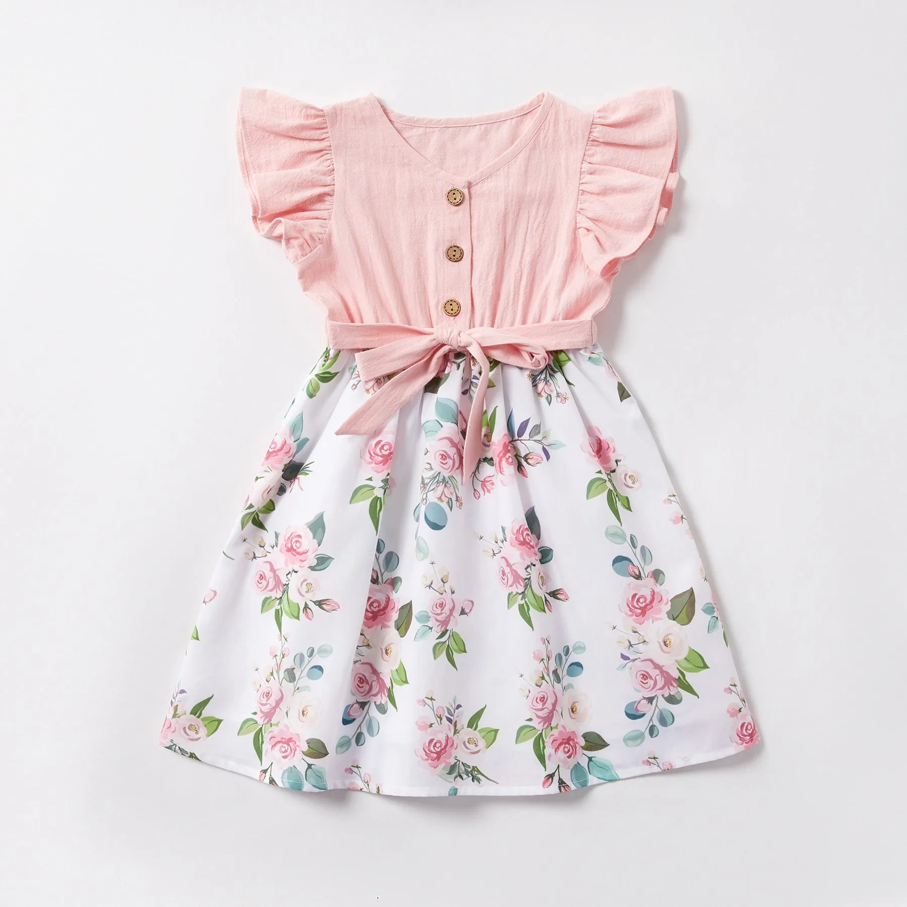 Matching Family Outfit - Mummy and Daughter Pink Floral Dress with Ruffles