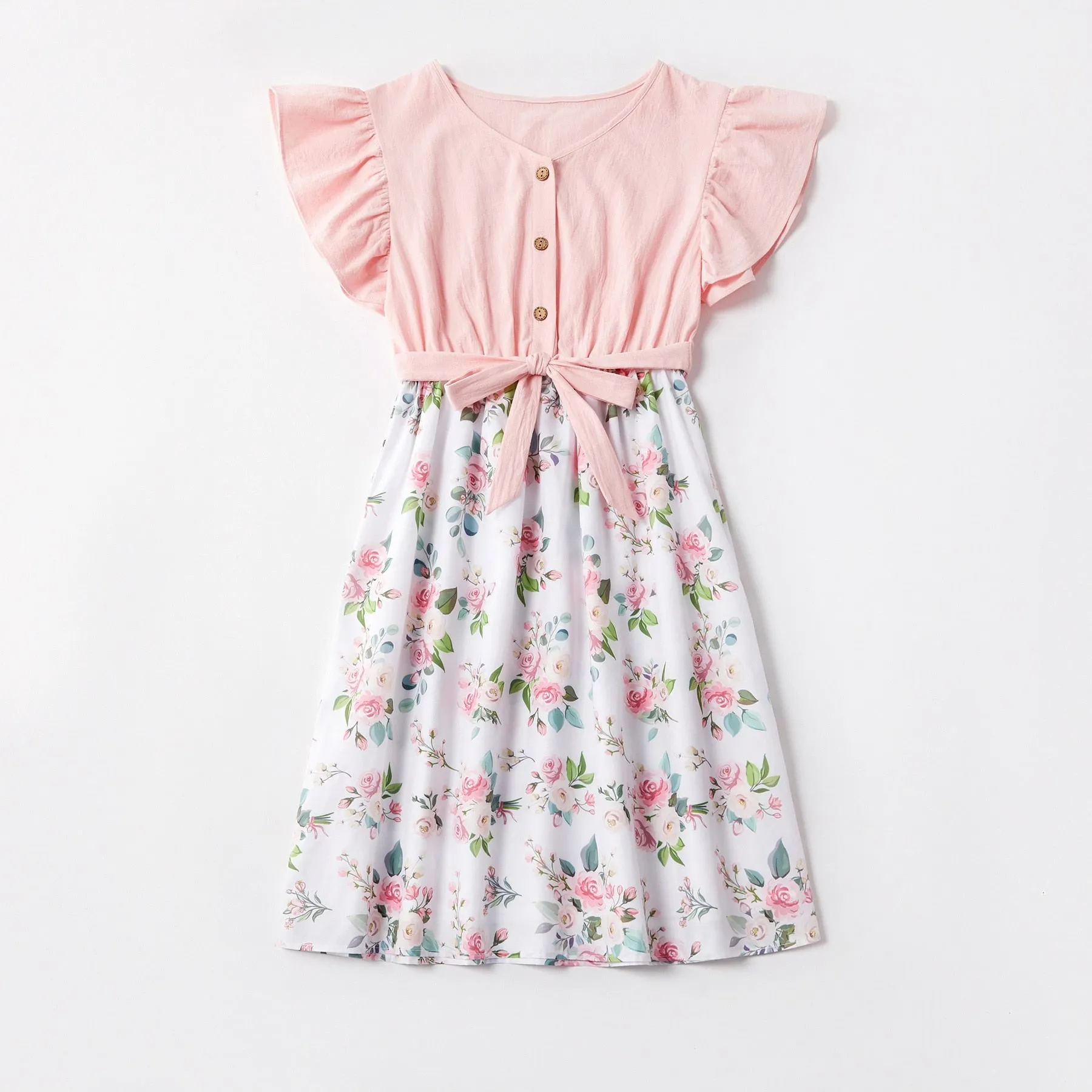 Matching Family Outfit - Mummy and Daughter Pink Floral Dress with Ruffles